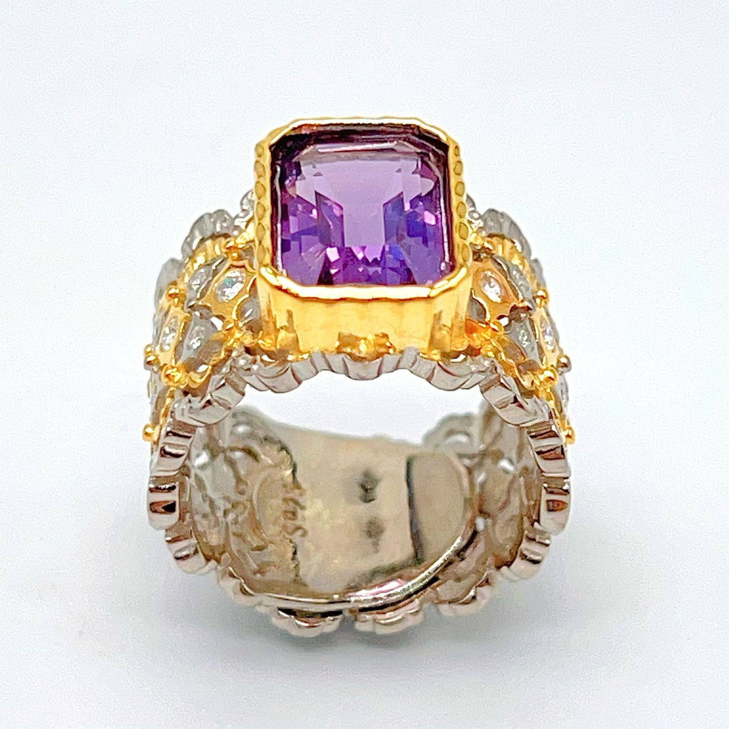 Contemporary Cocktail.Ring of Amethyst in Silver 925 . Tulle Inspired Wide