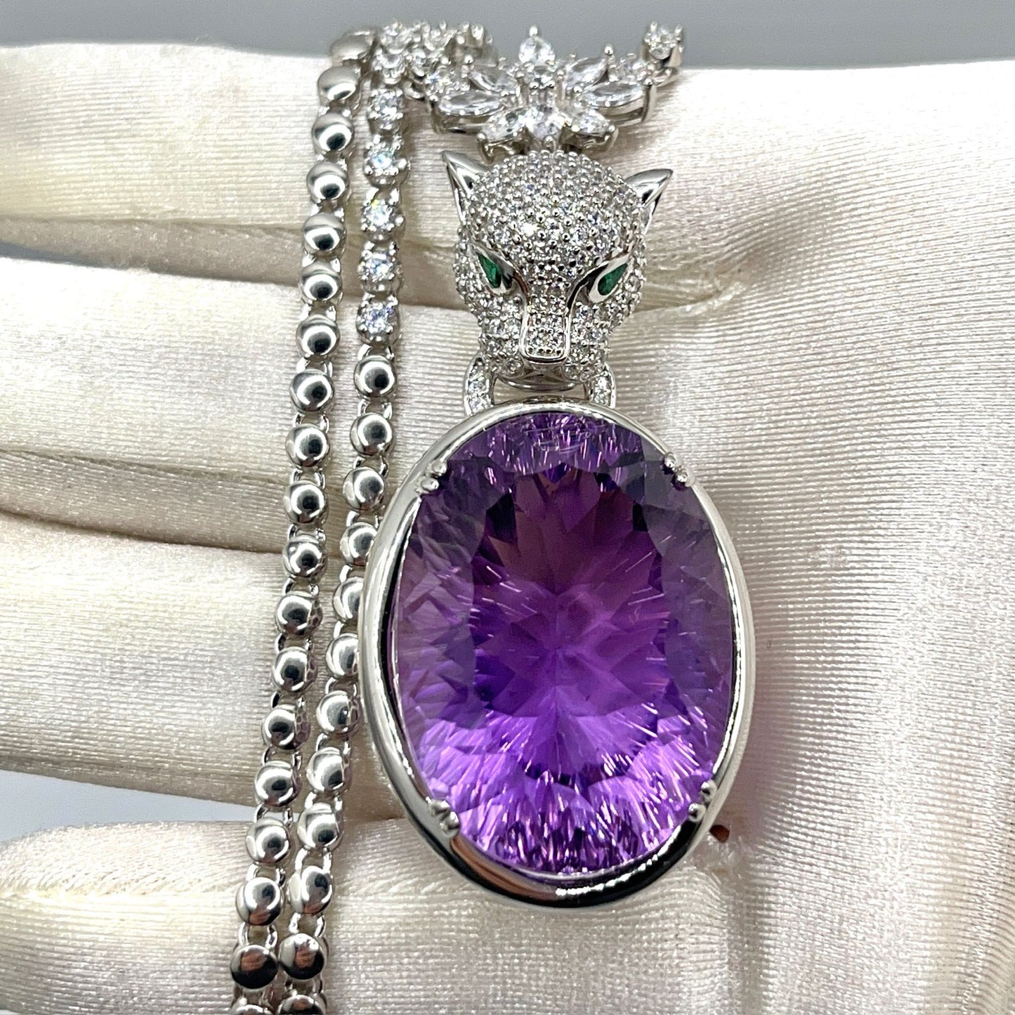 Contemporary Cocktail. Amethyst Pendant with Detachable Necklace in silver 925 . Panther