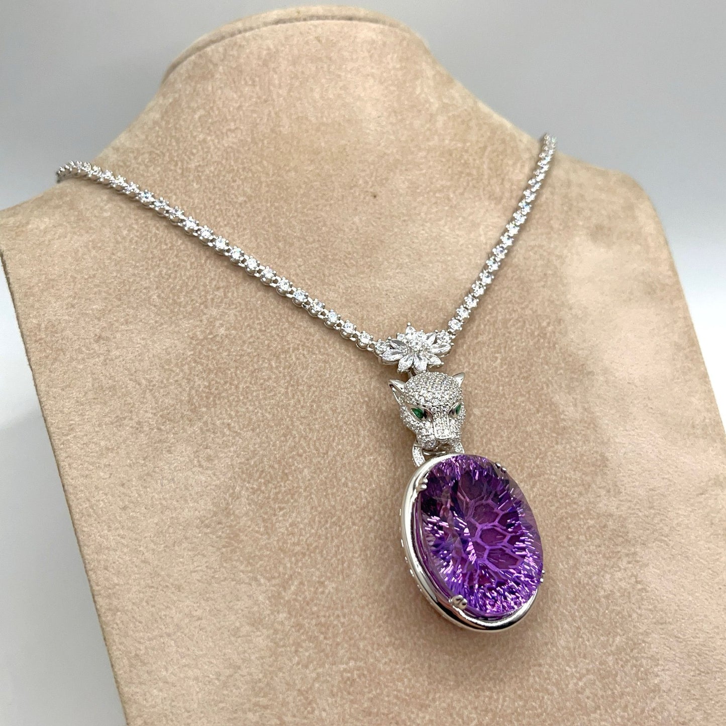 Contemporary Cocktail. Amethyst Pendant with Detachable Necklace in silver 925 . Panther