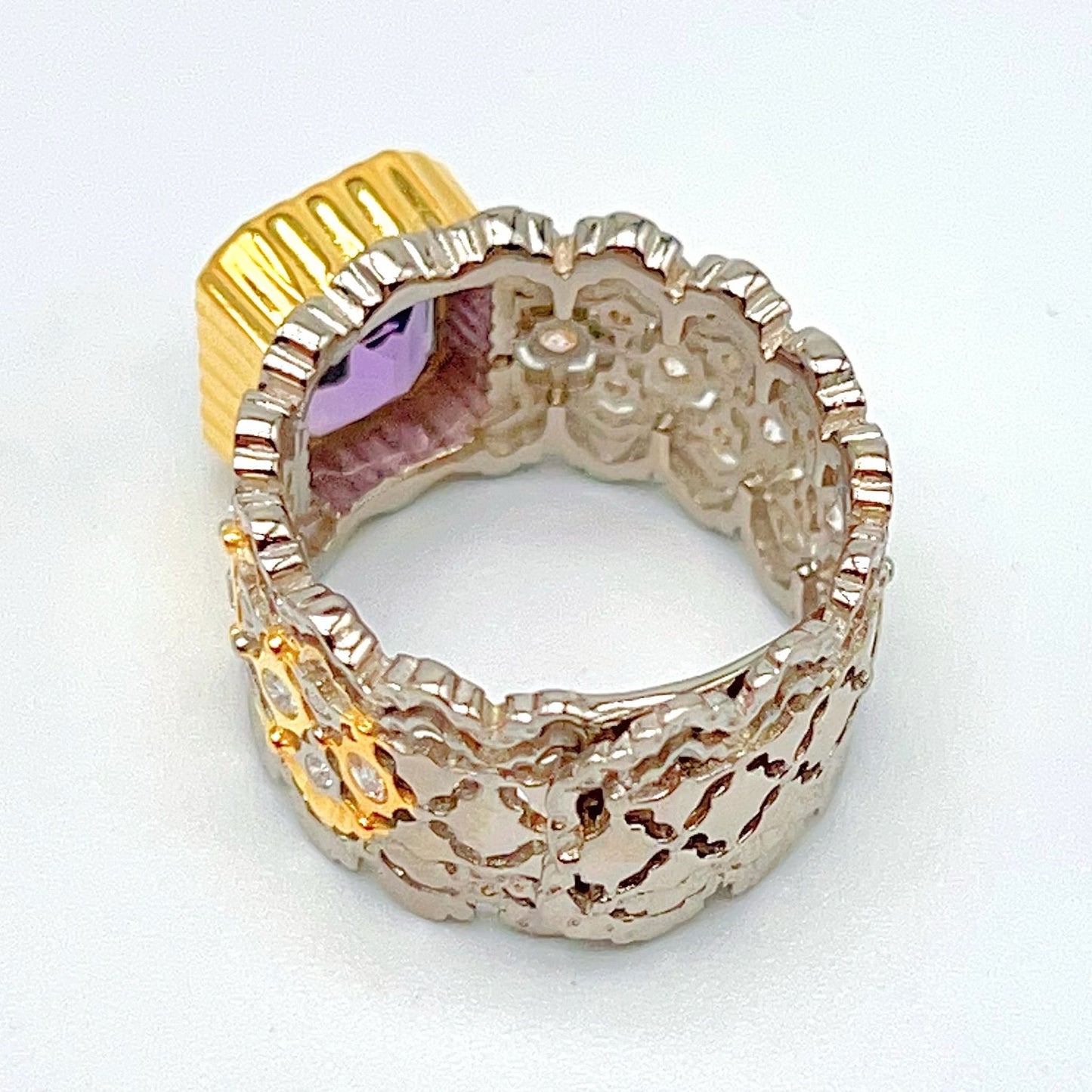 Contemporary Cocktail.Ring of Amethyst in Silver 925 . Tulle Inspired Wide