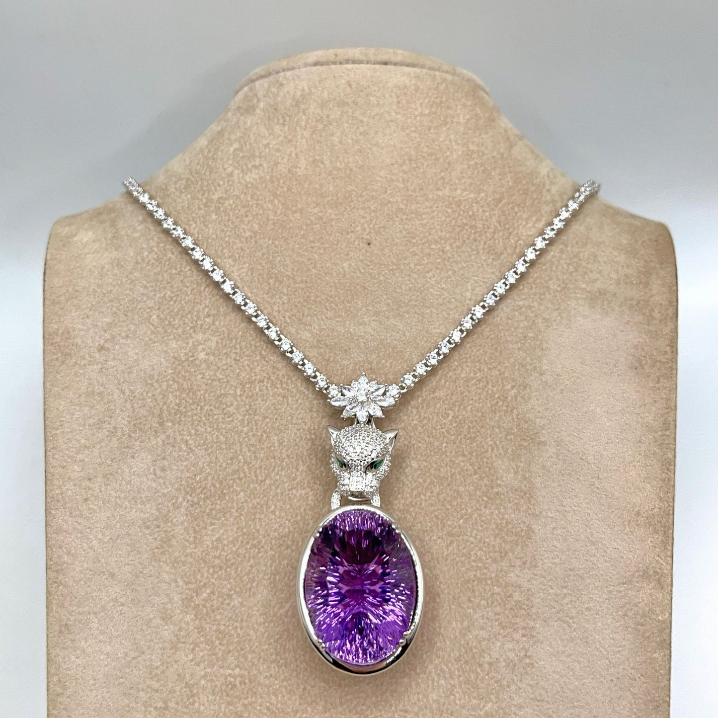 Contemporary Cocktail. Amethyst Pendant with Detachable Necklace in silver 925 . Panther