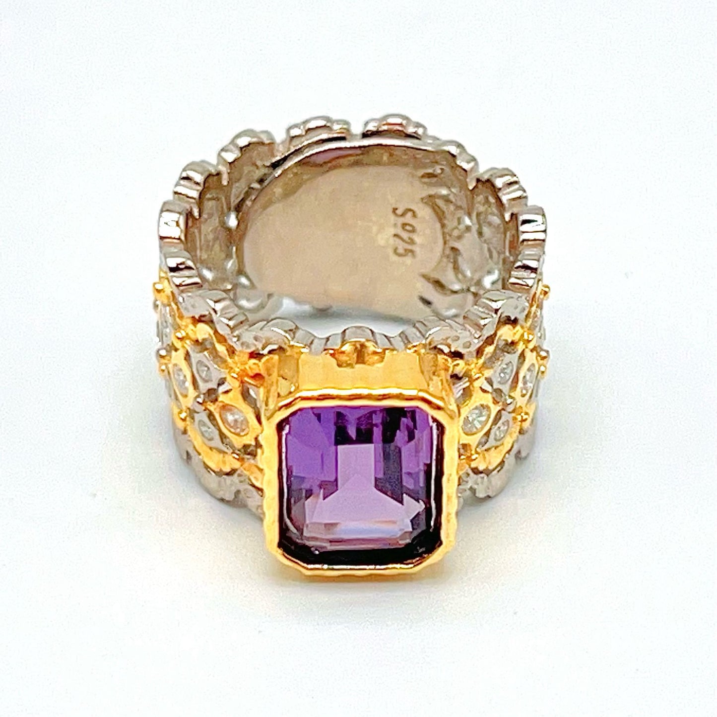 Contemporary Cocktail.Ring of Amethyst in Silver 925 . Tulle Inspired Wide
