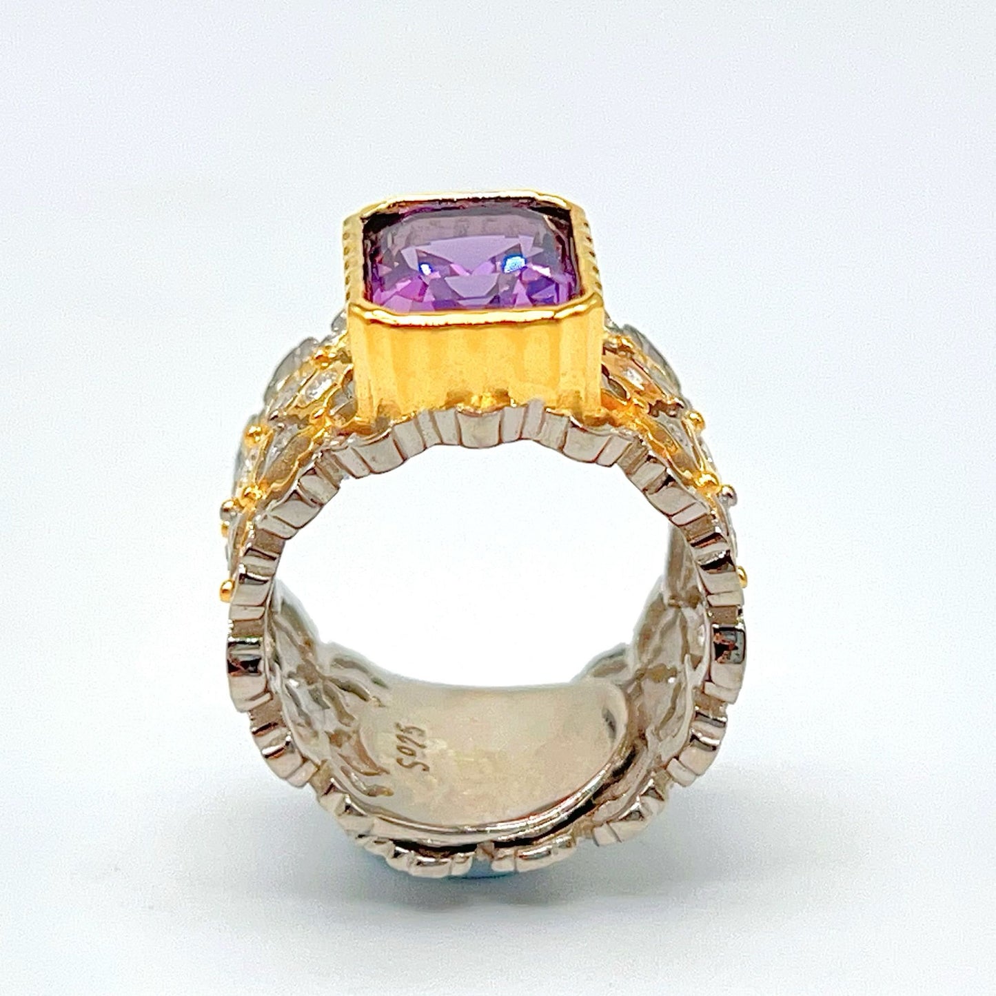 Contemporary Cocktail.Ring of Amethyst in Silver 925 . Tulle Inspired Wide