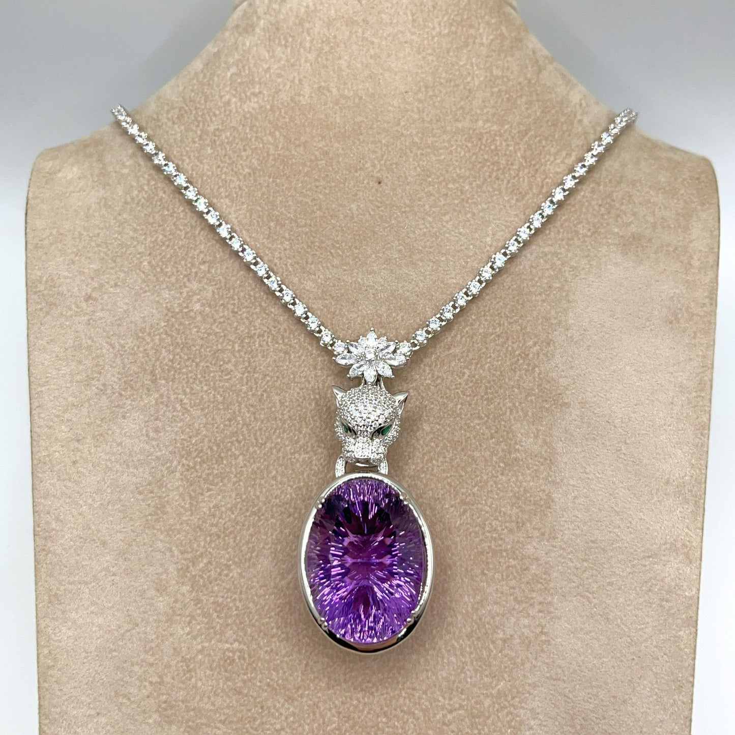 Contemporary Cocktail. Amethyst Pendant with Detachable Necklace in silver 925 . Panther