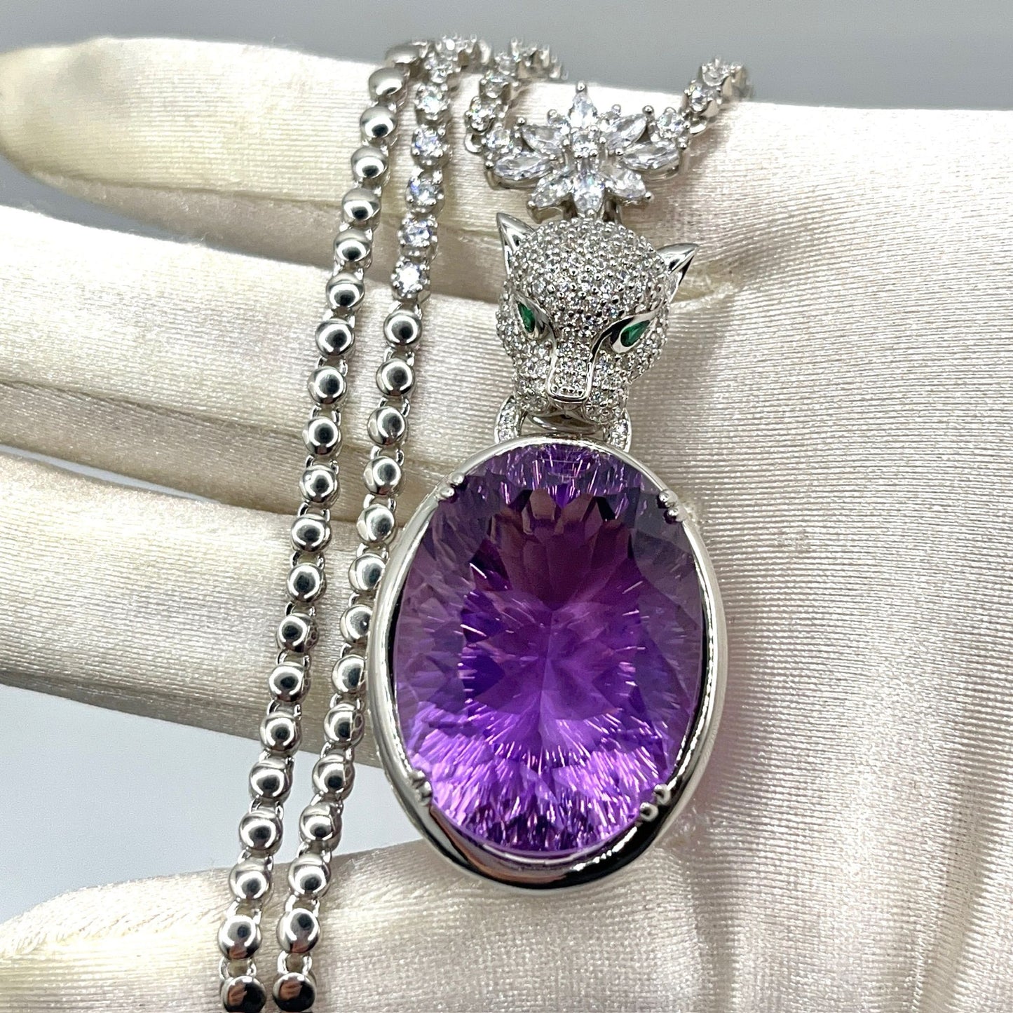 Contemporary Cocktail. Amethyst Pendant with Detachable Necklace in silver 925 . Panther