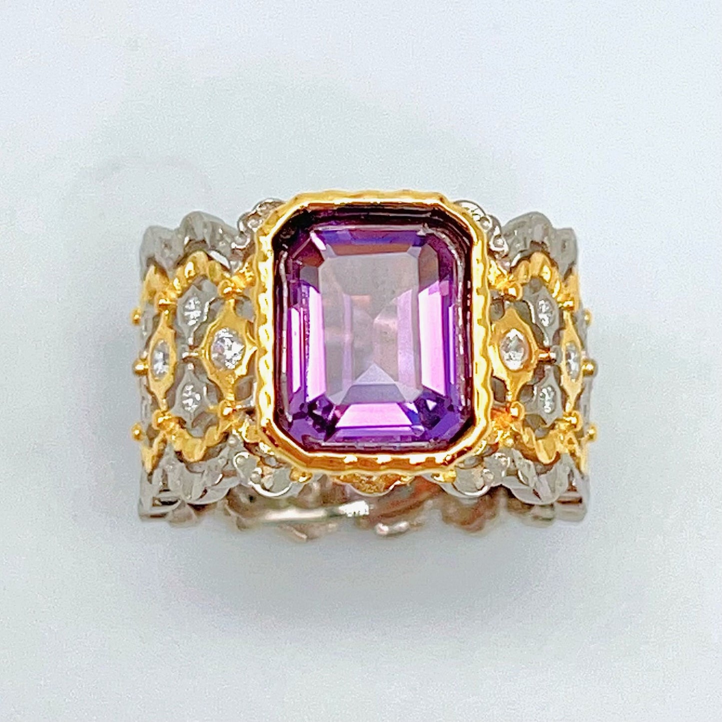 Contemporary Cocktail.Ring of Amethyst in Silver 925 . Tulle Inspired Wide
