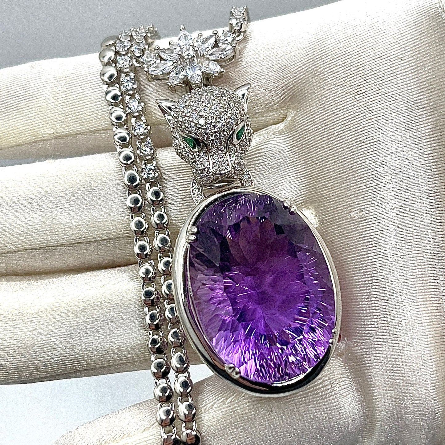 Contemporary Cocktail. Amethyst Pendant with Detachable Necklace in silver 925 . Panther