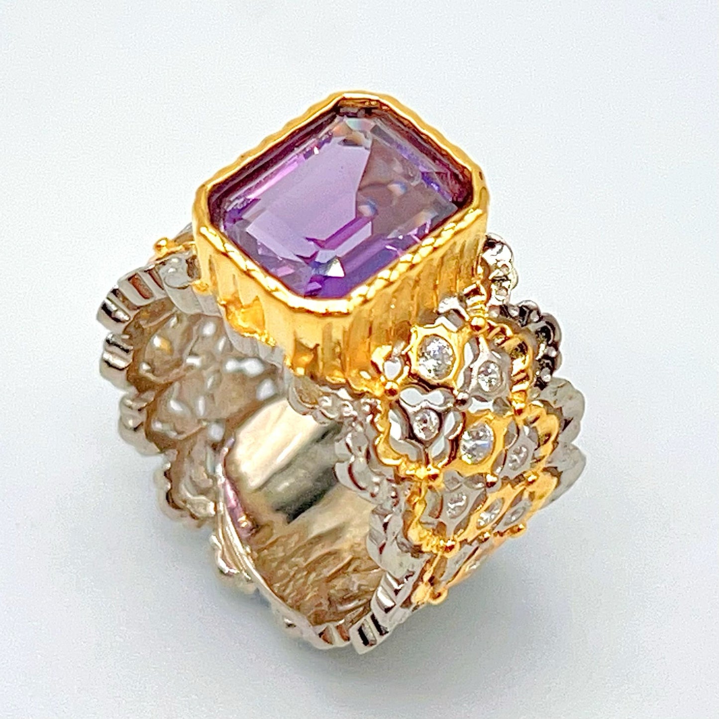 Contemporary Cocktail.Ring of Amethyst in Silver 925 . Tulle Inspired Wide