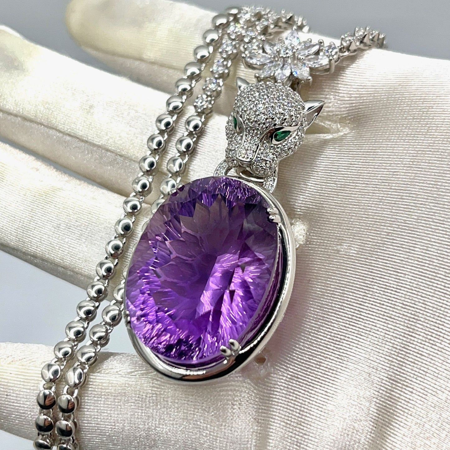 Contemporary Cocktail. Amethyst Pendant with Detachable Necklace in silver 925 . Panther