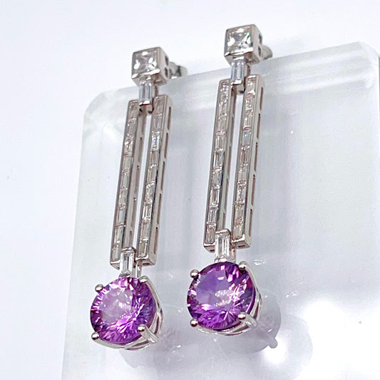 Contemporary Cocktail Amethyst Earrings in Silver 925 Round Art Deco Inspired