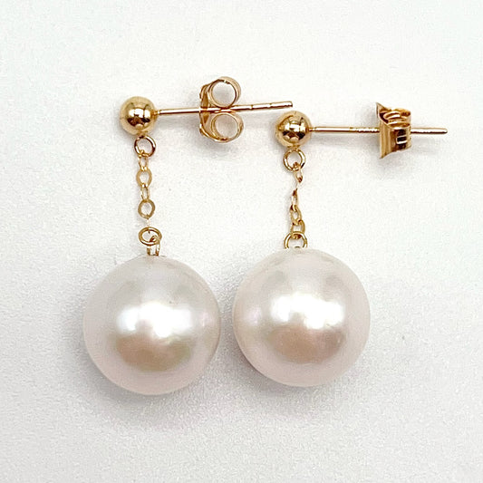 Swing Swing . Edison Pearl Earring Stud in 18K with Chain. White . Top Quality