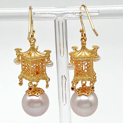 Retro Wind. Earring of Edison Pearl in Silver 925. Ancient Oriental Temple Three-Dimensional