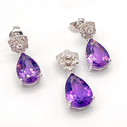 Contemporary Cocktail. Set of Amethyst in Silver 925. Camellia