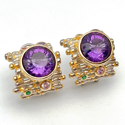 Retro Wind. Earring of Amethyst in Silver. Round. Multi-color Zircon