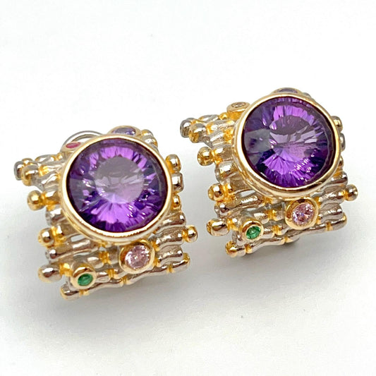 Retro Wind. Earring of Amethyst in Silver. Round. Multi-color Zircon