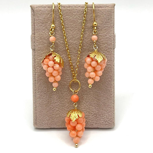 Italian Artisan Collection . Coral Earring & Necklace in Silver 925 . Pacific Pink Coral