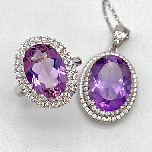 Contemporary Cocktail . Amethyst Necklace & Ring in Silver 925. Oval