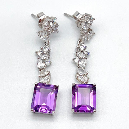 Contemporary Cocktail. Earring of Amethyst in Silver 925. Emerald Cut Rectangle