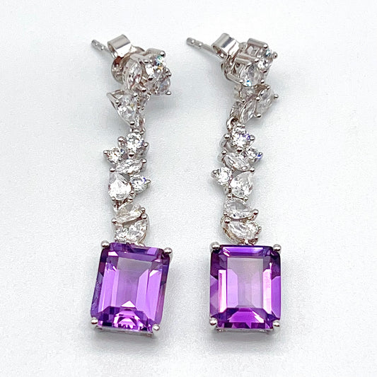Contemporary Cocktail. Earring of Amethyst in Silver 925. Emerald Cut Rectangle