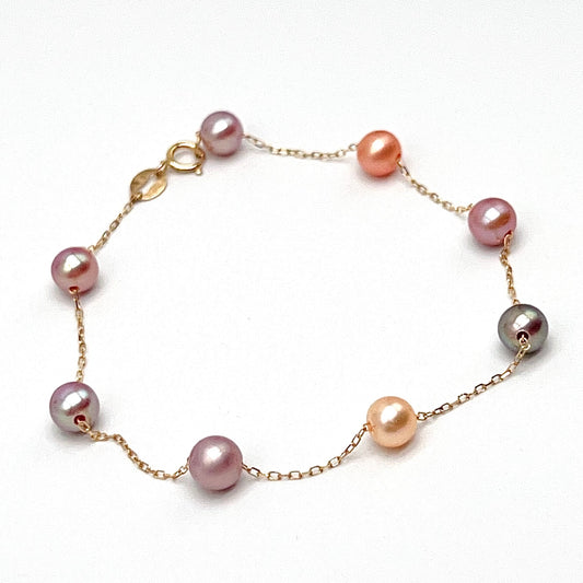 Star Light . Bracelet of Multi-Color Freshwater Pearl in Gold 18K. 5mm