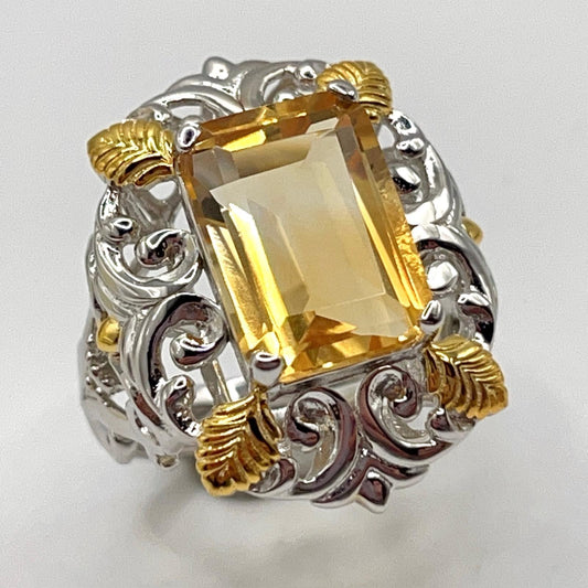 Contemporary Cocktail . Ring of Citrine in Baroque Frame in Silver 925