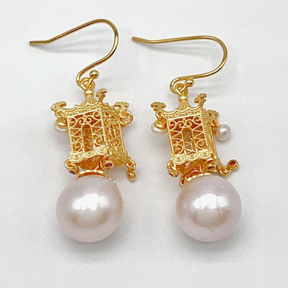 Retro Wind. Earring of Edison Pearl in Silver 925. Ancient Oriental Temple Three-Dimensional