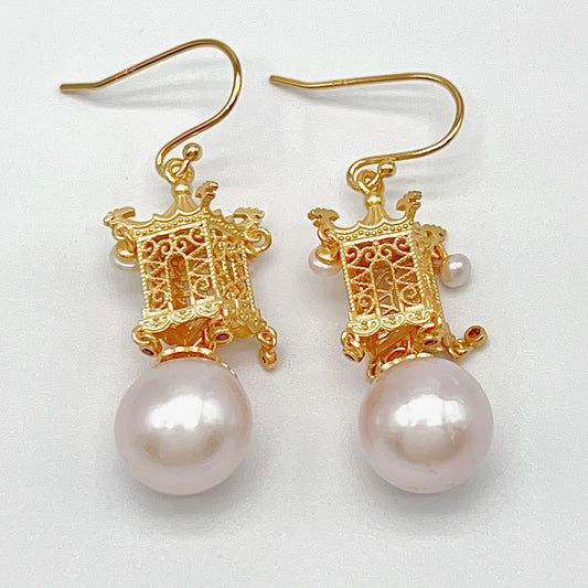 Retro Wind. Earring of Edison Pearl in Silver 925. Ancient Oriental Temple Three-Dimensional