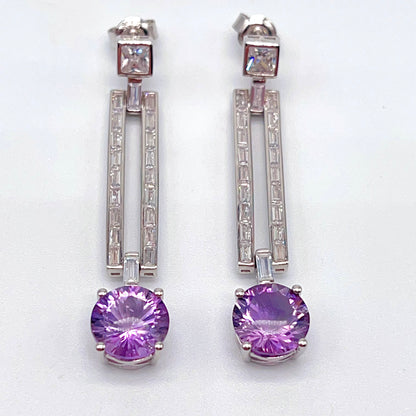 Contemporary Cocktail Amethyst Earrings in Silver 925 Round Art Deco Inspired