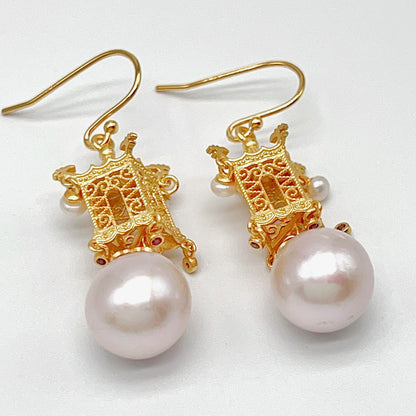 Retro Wind. Earring of Edison Pearl in Silver 925. Ancient Oriental Temple Three-Dimensional