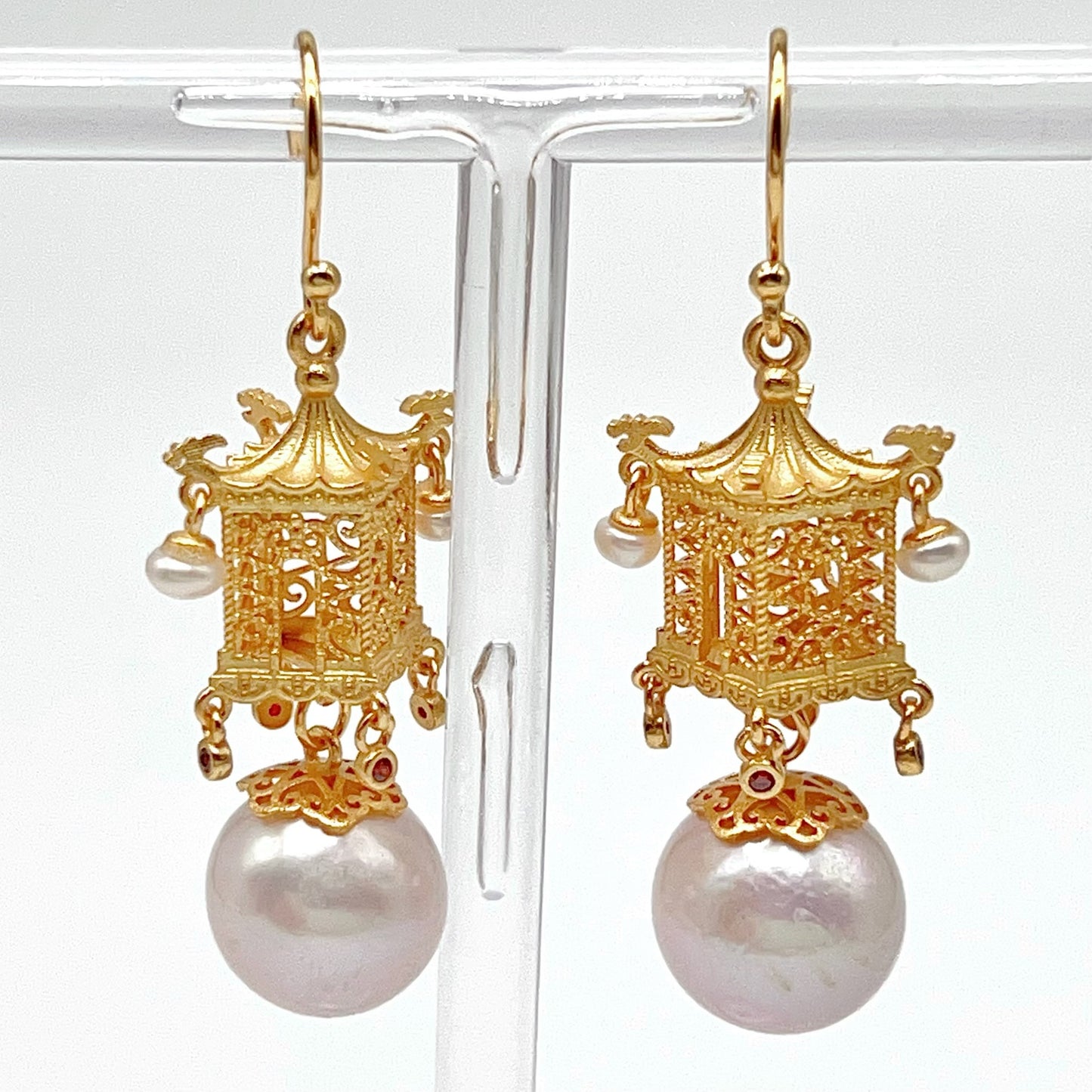 Retro Wind. Earring of Edison Pearl in Silver 925. Ancient Oriental Temple Three-Dimensional