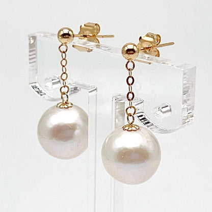 Swing Swing . Edison Pearl Earring Stud in 18K with Chain. White . Top Quality