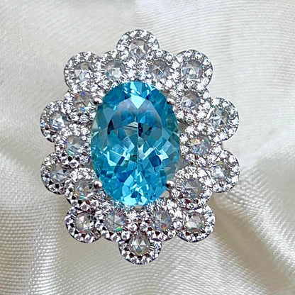 Oval Blue Topaz Mega Cluster Halo Ring Silver 925