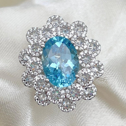 Oval Blue Topaz Mega Cluster Halo Ring Silver 925