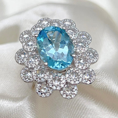 Oval Blue Topaz Mega Cluster Halo Ring Silver 925