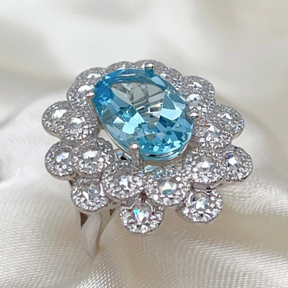 Oval Blue Topaz Mega Cluster Halo Ring Silver 925