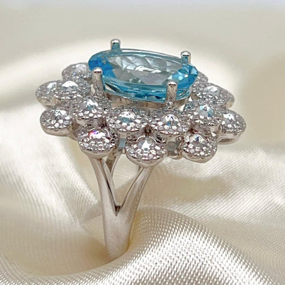 Oval Blue Topaz Mega Cluster Halo Ring Silver 925