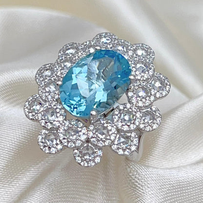 Oval Blue Topaz Mega Cluster Halo Ring Silver 925