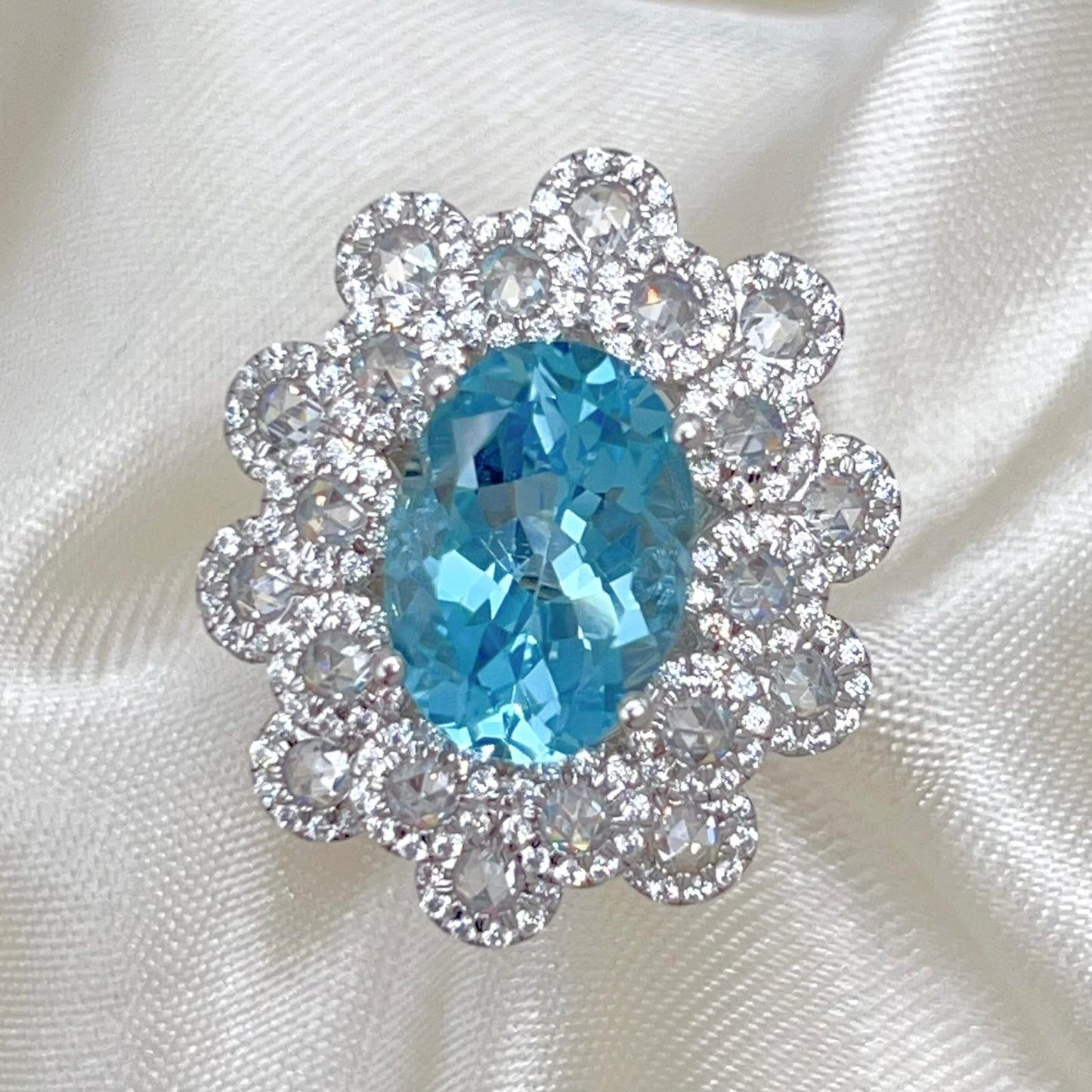 Oval Blue Topaz Mega Cluster Halo Ring Silver 925