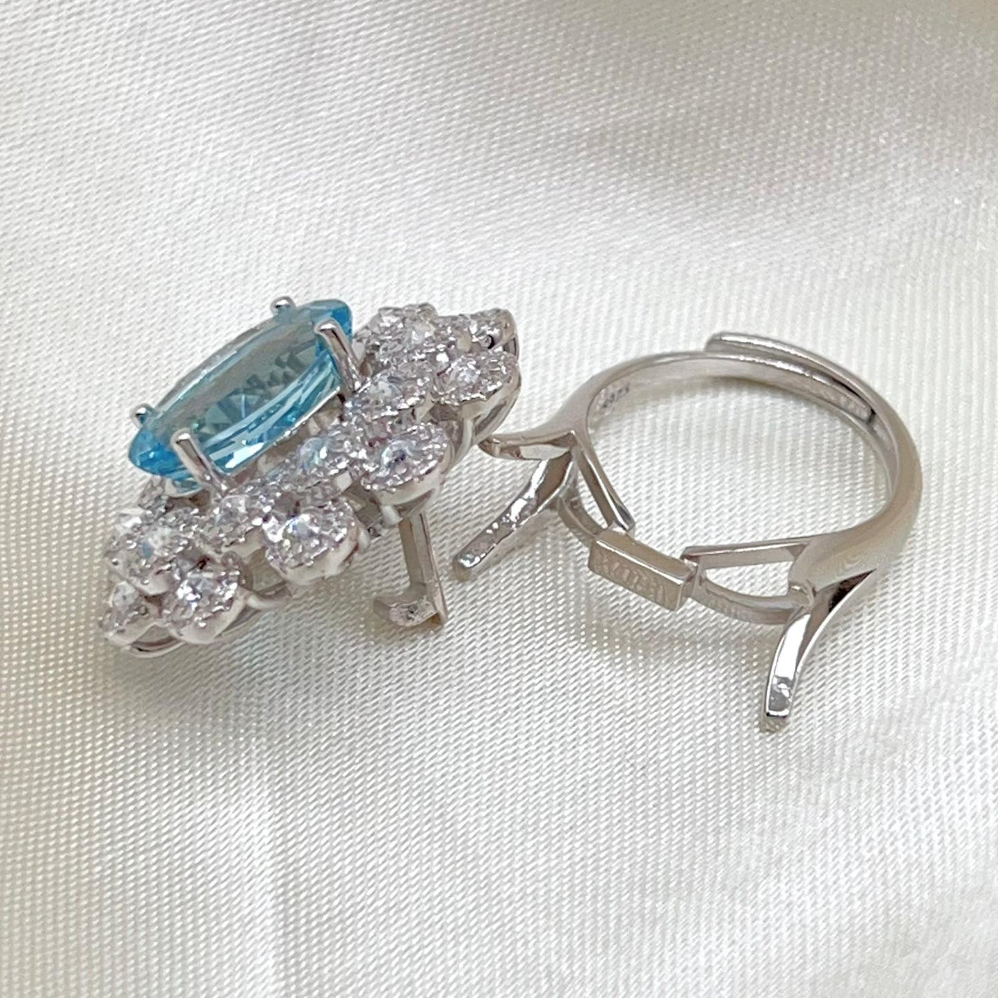 Oval Blue Topaz Mega Cluster Halo Ring Silver 925