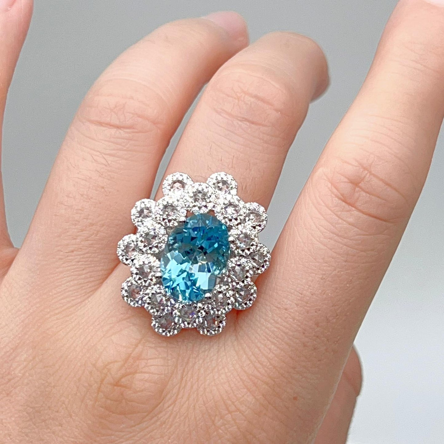 Oval Blue Topaz Mega Cluster Halo Ring Silver 925