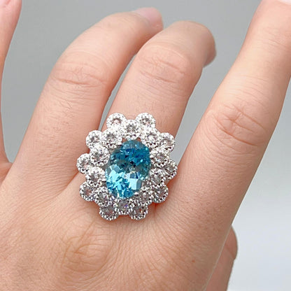 Oval Blue Topaz Mega Cluster Halo Ring Silver 925