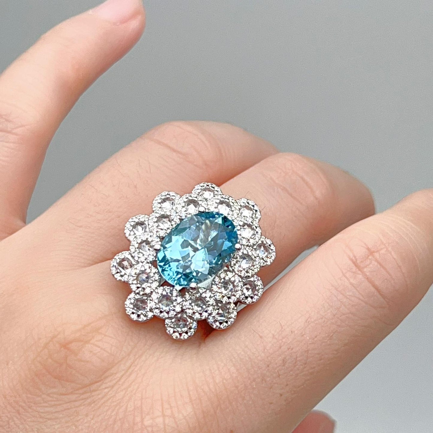 Oval Blue Topaz Mega Cluster Halo Ring Silver 925