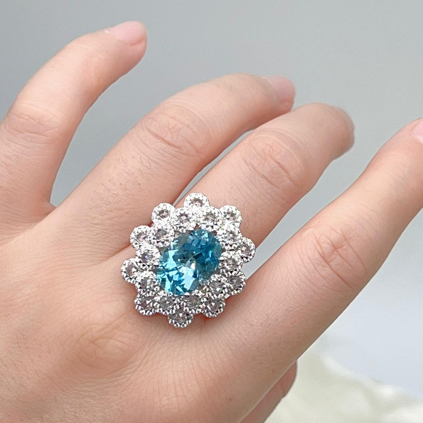 Oval Blue Topaz Mega Cluster Halo Ring Silver 925