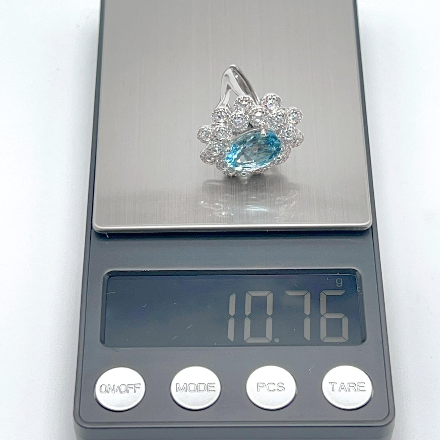 Oval Blue Topaz Mega Cluster Halo Ring Silver 925