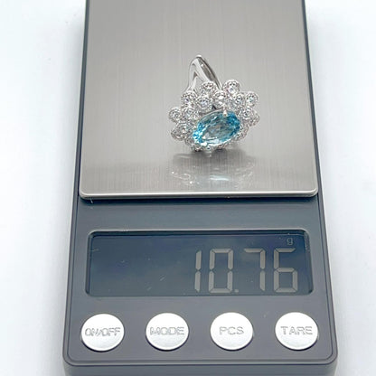 Oval Blue Topaz Mega Cluster Halo Ring Silver 925