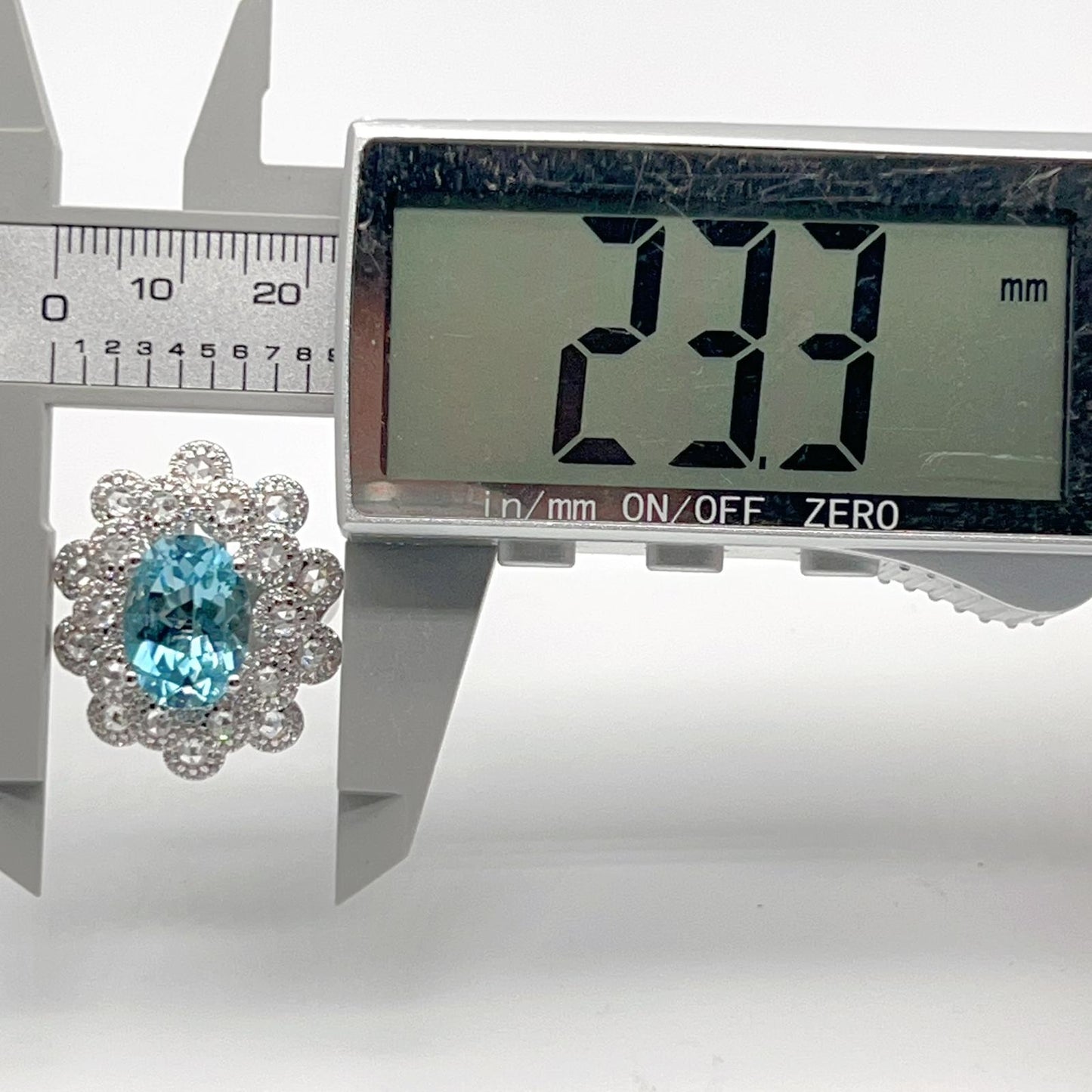 Oval Blue Topaz Mega Cluster Halo Ring Silver 925