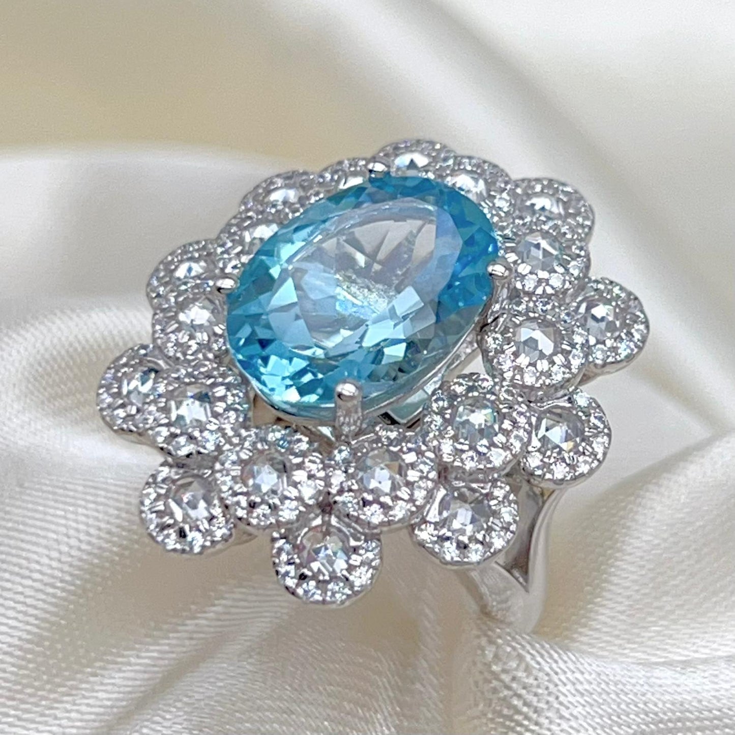 Oval Blue Topaz Mega Cluster Halo Ring Silver 925