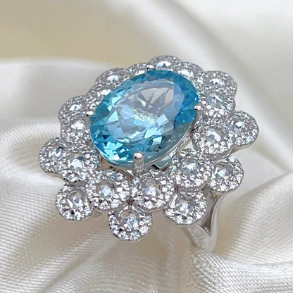 Oval Blue Topaz Mega Cluster Halo Ring Silver 925