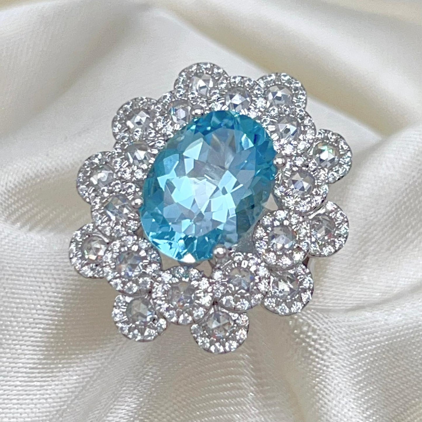 Oval Blue Topaz Mega Cluster Halo Ring Silver 925