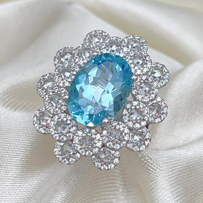 Oval Blue Topaz Mega Cluster Halo Ring Silver 925